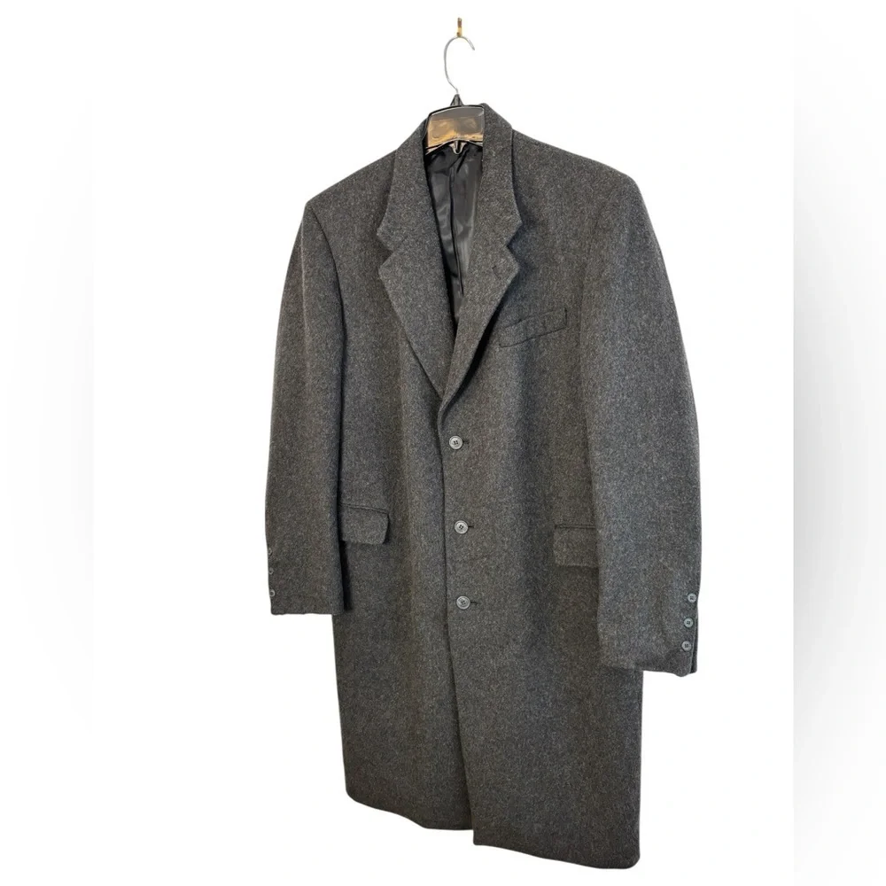 VTG Halston Mens Coat Wool Cashmere Gray Single Breasted Suit Overcoat Size 44L